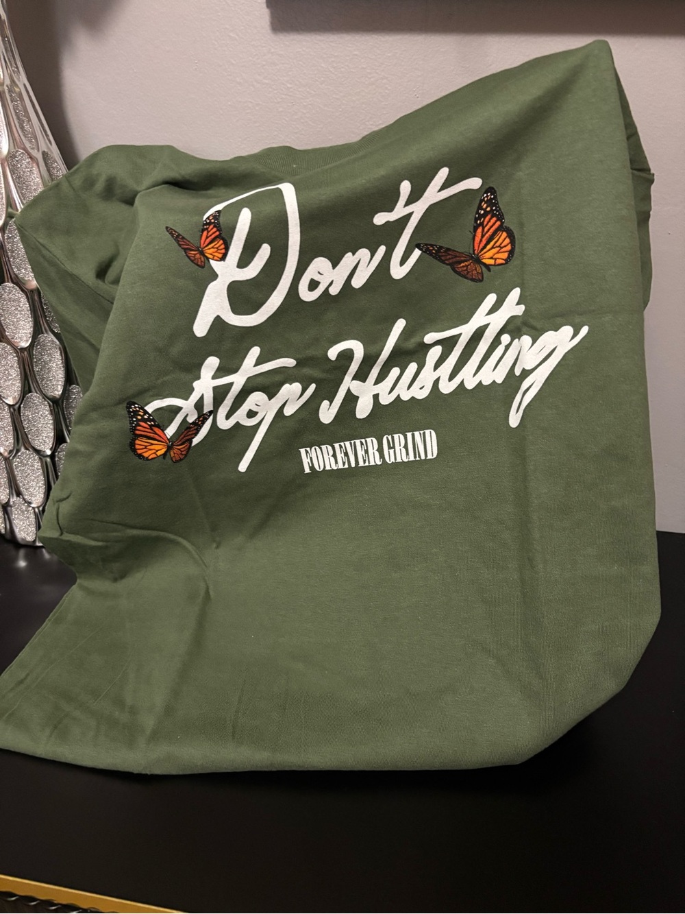 Don't Stop Hustling Olive Graphic Tee - Butterfly Print